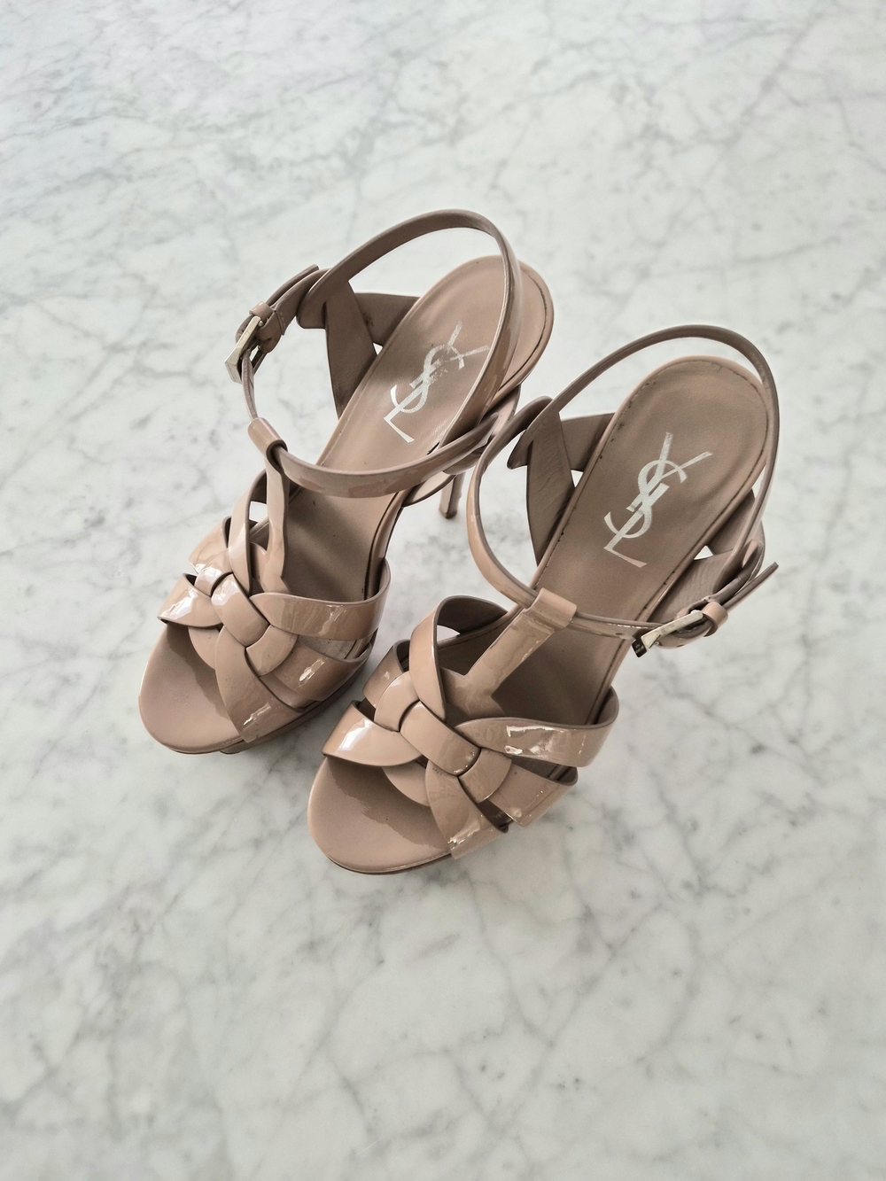 Saint Laurent Nude Patent Leather Knotted Slingback Sandals